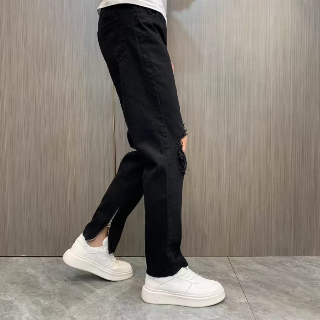 Quần tây nam thời trang retro quần jean nam đen rách gối tiếng nhật skinny quần dài