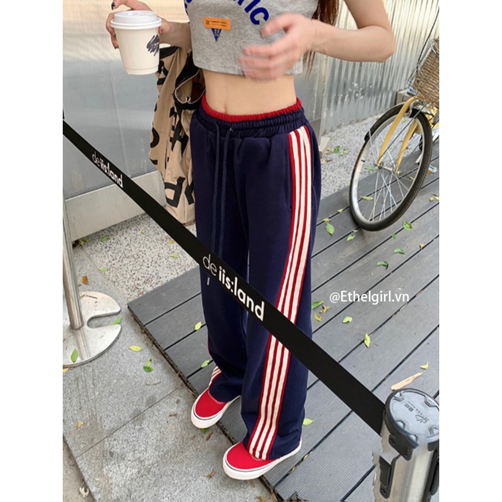 Ethelgirl Quần Dài Thể Thao Lưng Cao Ống Rộng Họa Tiết Kẻ Sọc Thời Trang Hàn Quốc Cho Nữ