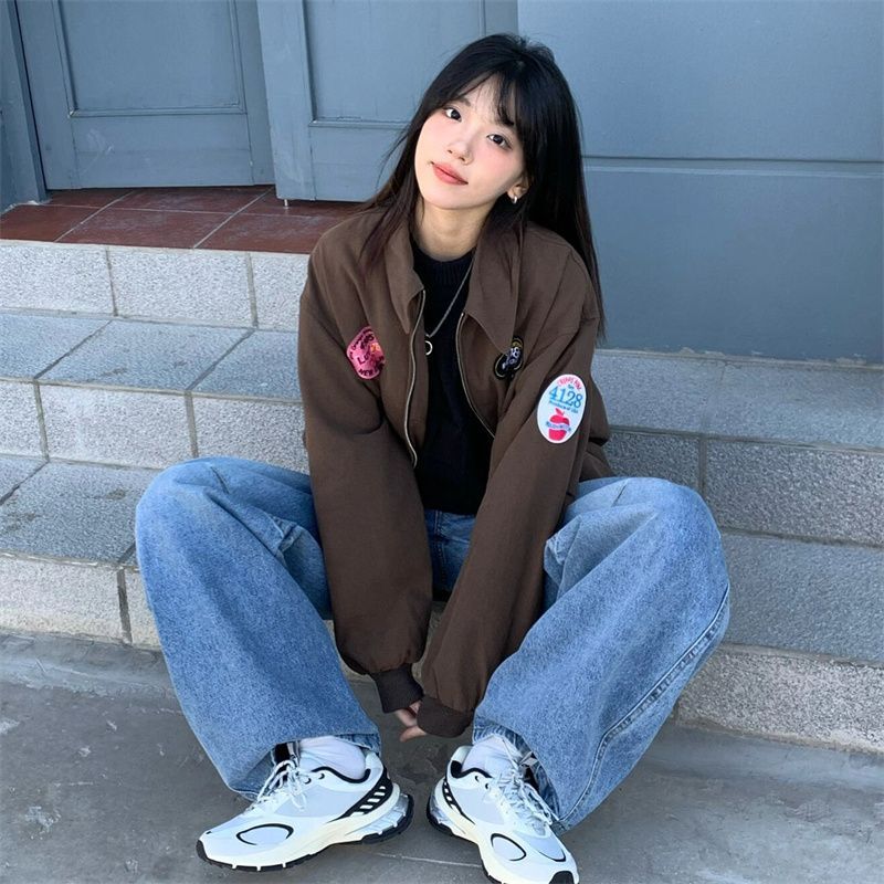 Áo Khoác Bóng Chày Dáng Rộng Có Thêu Hoạ Tiết Phong Cách Mỹ Cổ Điển Thời Trang Thu Đông Cho Nữ