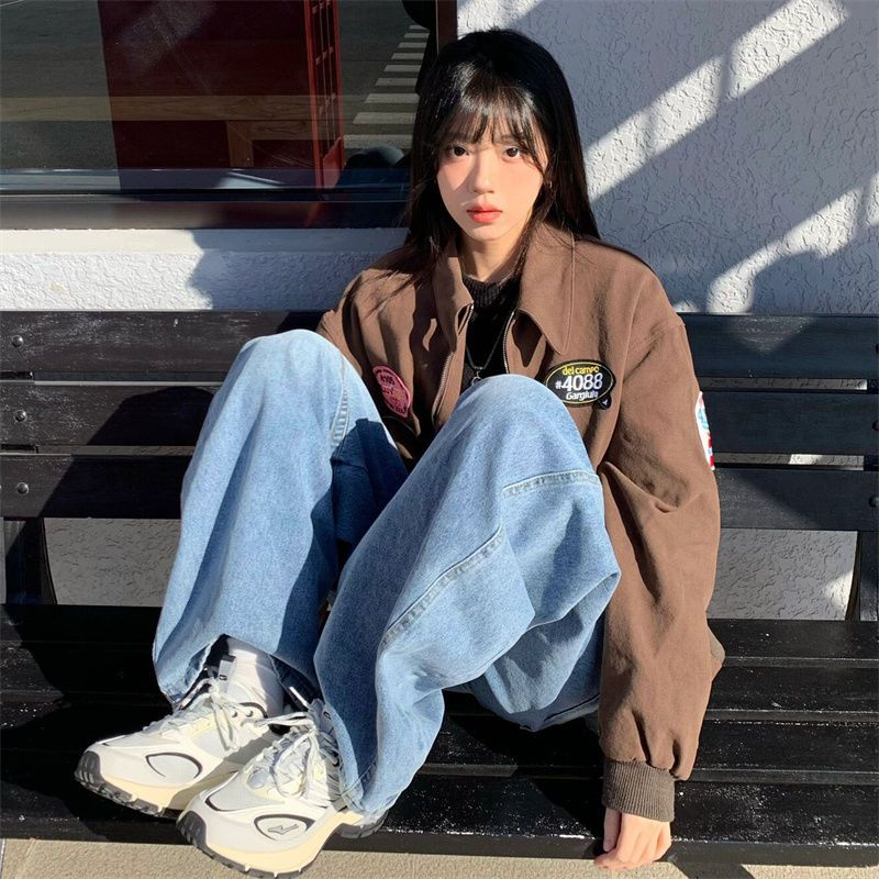 Áo Khoác Bóng Chày Dáng Rộng Có Thêu Hoạ Tiết Phong Cách Mỹ Cổ Điển Thời Trang Thu Đông Cho Nữ