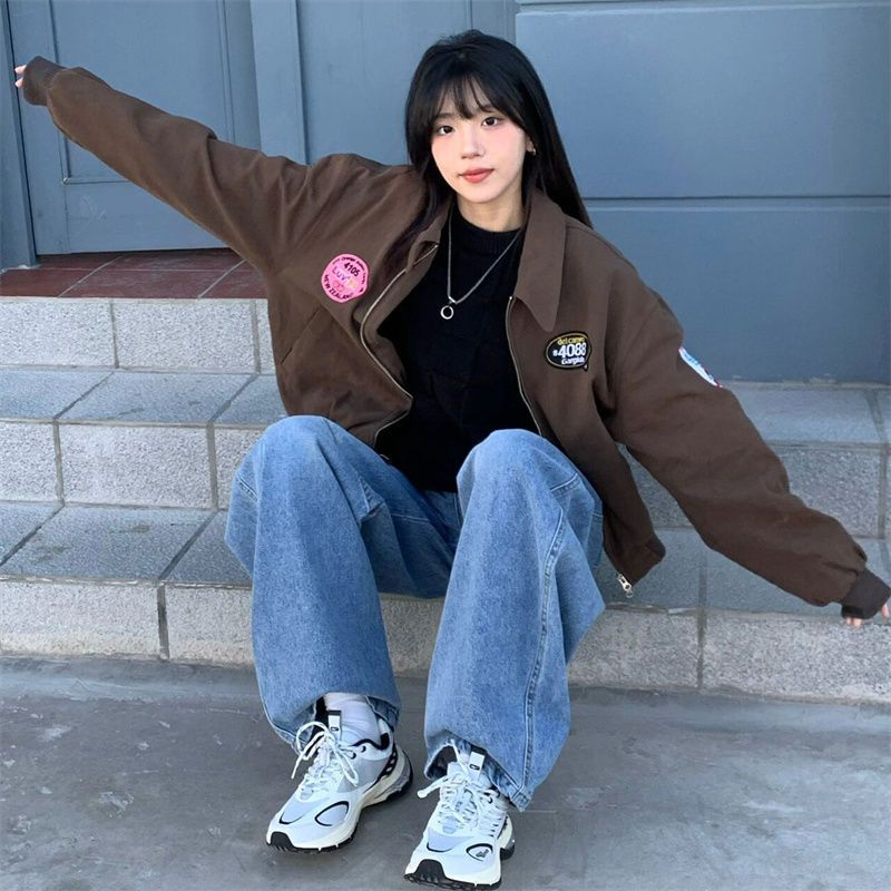 Áo Khoác Bóng Chày Dáng Rộng Có Thêu Hoạ Tiết Phong Cách Mỹ Cổ Điển Thời Trang Thu Đông Cho Nữ