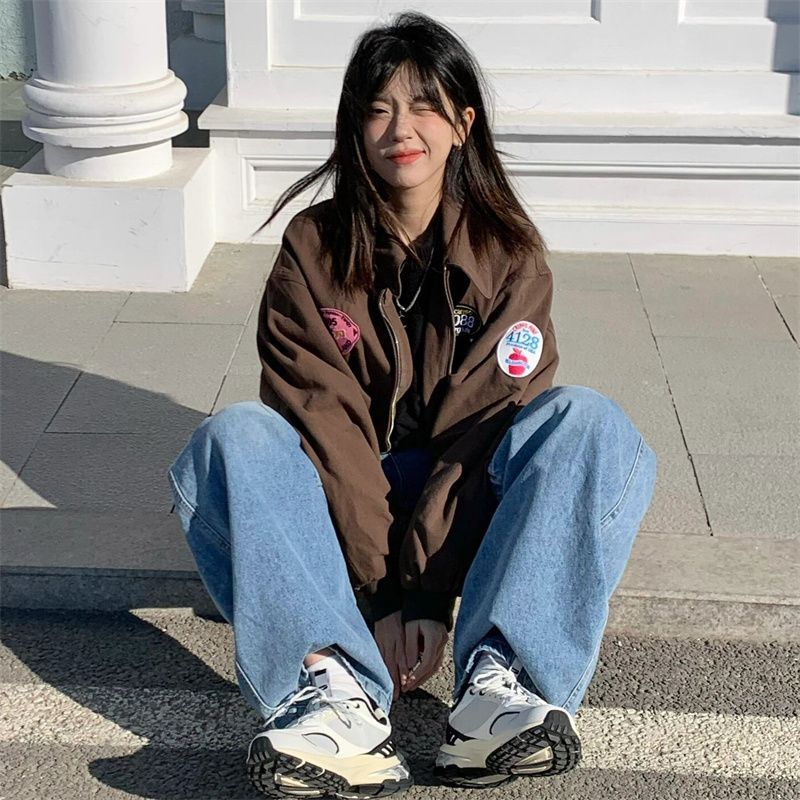 Áo Khoác Bóng Chày Dáng Rộng Có Thêu Hoạ Tiết Phong Cách Mỹ Cổ Điển Thời Trang Thu Đông Cho Nữ