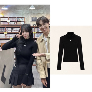 Aespa Karina Áo sweater Dệt Kim Tay Dài Cổ Cao Ôm Dáng Màu Trơn Thêu Họa Tiết Phong Cách Mỹ