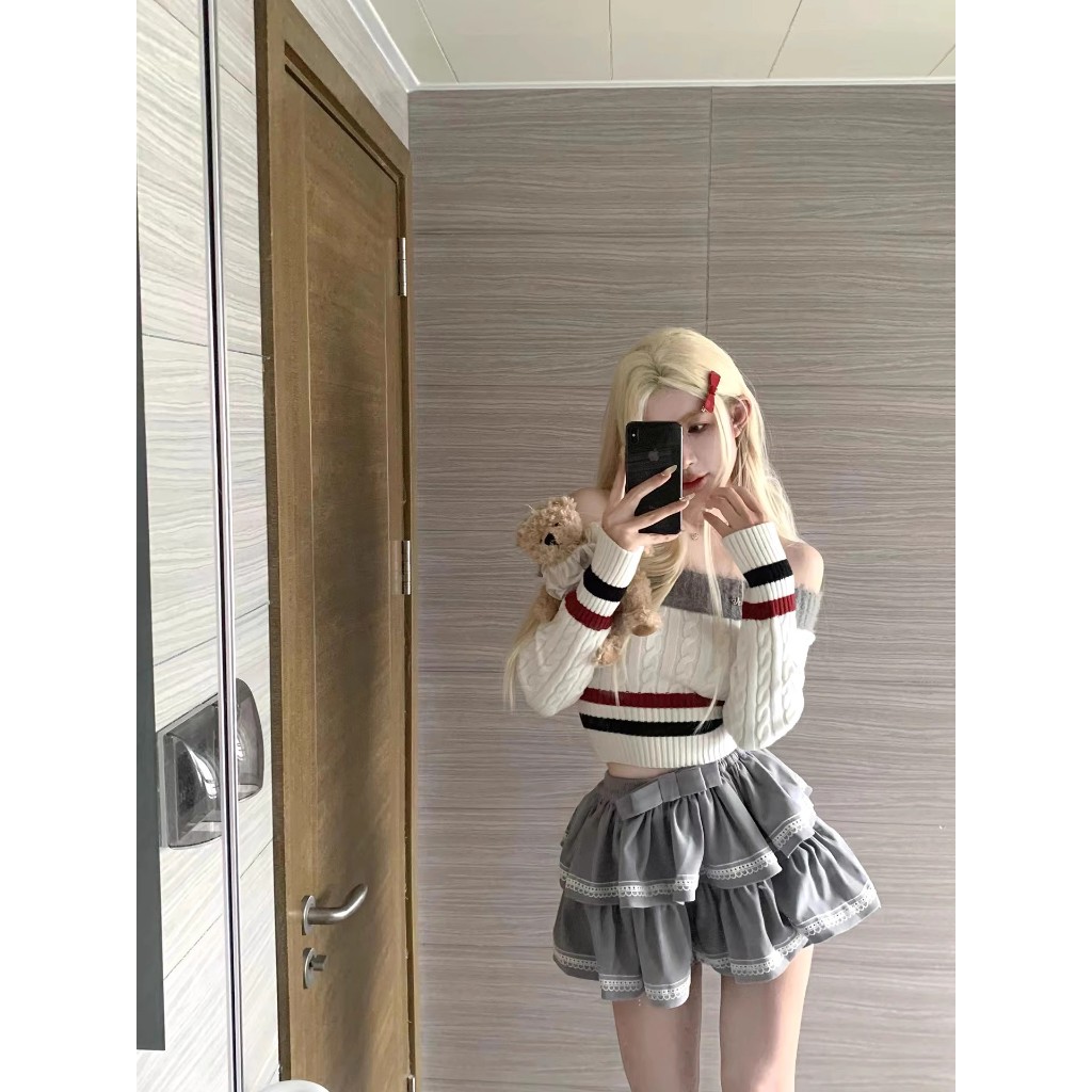 「HOME5」Áo croptop Dệt Kim Tay Dài Và Vai Thời Trang Hàn Quốc y2k Cho Nữ