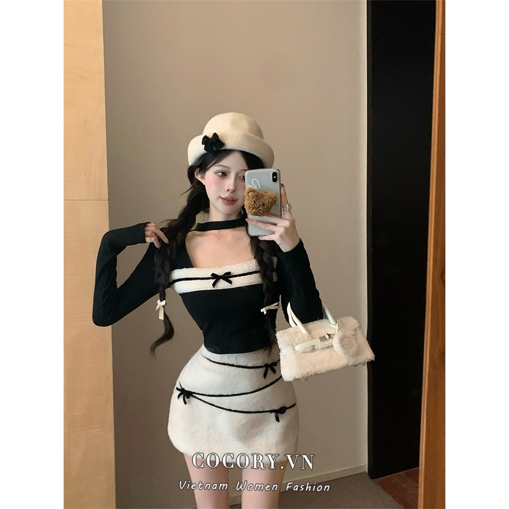 Cocory vn Set Áo Len Dài Tay + Chân Váy Ngắn Lưng Cao Thời Trang Hàn Cho Nữ
