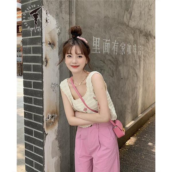 Áo 2 dây bản to in hoa, cổ rộng phong cách dễ thương Lemontaobao