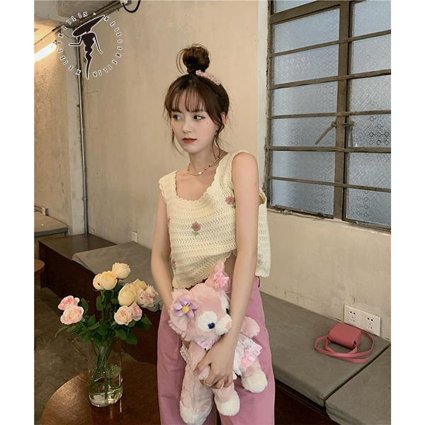 Áo 2 dây bản to in hoa, cổ rộng phong cách dễ thương Lemontaobao