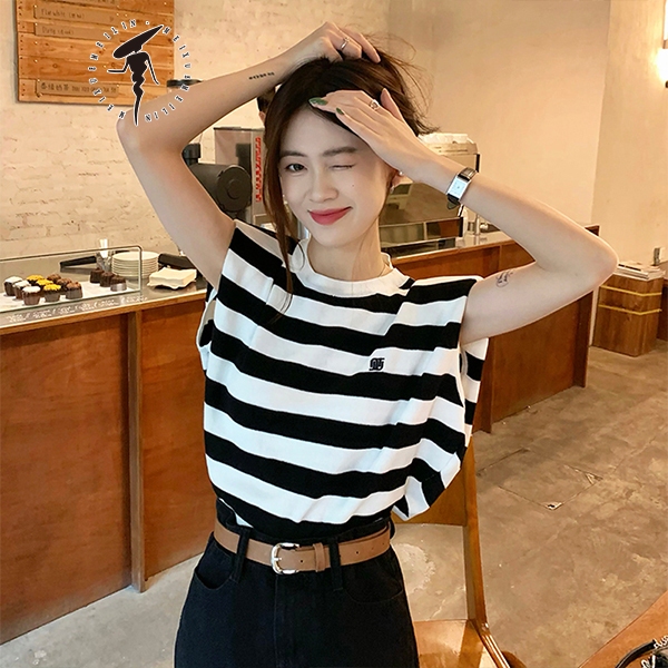 Áo thun không tay dáng rộng họa tiết kẻ sọc thời trang mùa hè mới cho nữ