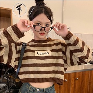 MeiXueMeiLin Áo sweater dệt kim tay dài cổ tròn hở rốn họa tiết kẻ sọc ngang thời trang Hàn Quốc cổ điển cho nữ