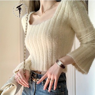  MeiXueMeiLin Áo sweater Dệt Kim Cổ Vuông Tay Dài Dáng Ôm Thời Trang Thu Đông Cho Nữ Áo Croptop Áo Len  40-65Kg  