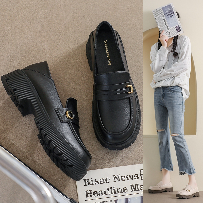 Mới Giày Lười Đế Dày Mũi Tròn Bằng Da Mềm Phong Cách Anh Quốc Dành Cho Nữ Size 35-42