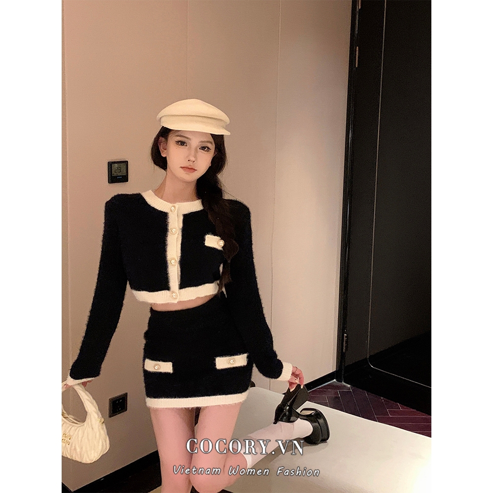 Cocory vn Set Áo cardigan Dài Tay Và Chân Váy Lưng Cao Thời Trang Thanh Lịch Dành Cho Nữ