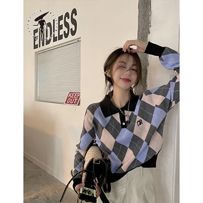 Áo sweater Dệt Kim Họa Tiết Hình Thoi Phong Cách Thời Trang Hàn Quốc Cho Nữ
