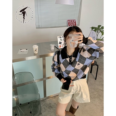 Áo sweater Dệt Kim Họa Tiết Hình Thoi Phong Cách Thời Trang Hàn Quốc Cho Nữ