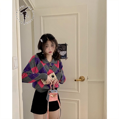 Áo sweater Dệt Kim Họa Tiết Hình Thoi Phong Cách Thời Trang Hàn Quốc Cho Nữ