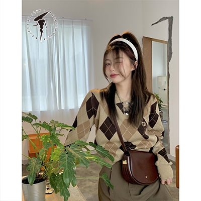 Áo sweater Dệt Kim Họa Tiết Hình Thoi Phong Cách Thời Trang Hàn Quốc Cho Nữ