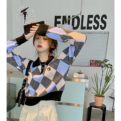 Áo sweater Dệt Kim Họa Tiết Hình Thoi Phong Cách Thời Trang Hàn Quốc Cho Nữ