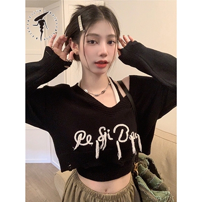 Meixuemeilin Mỹ Thêu Chữ Dài Tay Áo Thun Nữ Mùa Thu Thiết Kế Độc Đáo Rời Mỏng Hơn Nhìn Ngắn Top