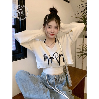 Meixuemeilin Mỹ Thêu Chữ Dài Tay Áo Thun Nữ Mùa Thu Thiết Kế Độc Đáo Rời Mỏng Hơn Nhìn Ngắn Top