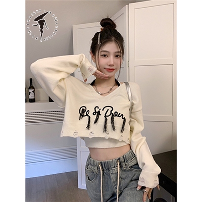 Meixuemeilin Mỹ Thêu Chữ Dài Tay Áo Thun Nữ Mùa Thu Thiết Kế Độc Đáo Rời Mỏng Hơn Nhìn Ngắn Top