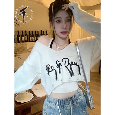 Meixuemeilin Mỹ Thêu Chữ Dài Tay Áo Thun Nữ Mùa Thu Thiết Kế Độc Đáo Rời Mỏng Hơn Nhìn Ngắn Top