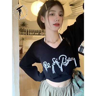 Meixuemeilin Mỹ Thêu Chữ Dài Tay Áo Thun Nữ Mùa Thu Thiết Kế Độc Đáo Rời Mỏng Hơn Nhìn Ngắn Top