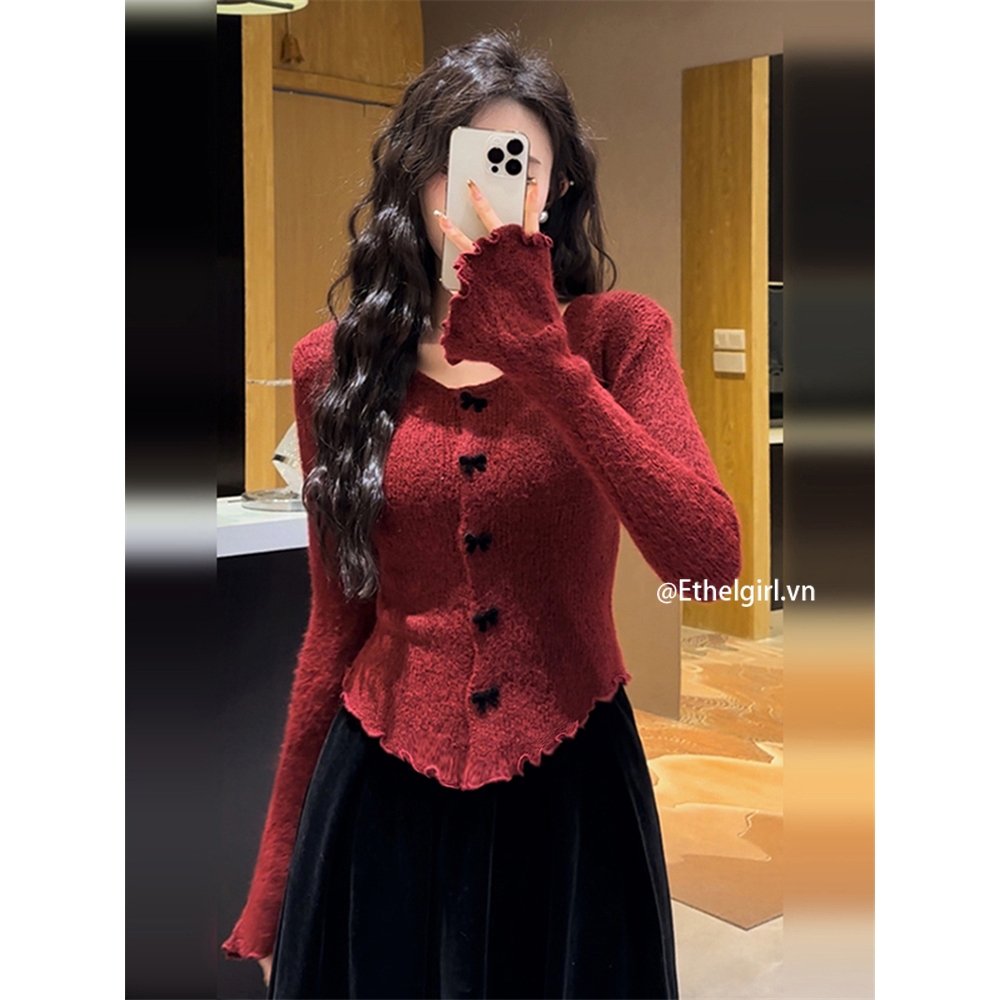 Ethelgirl Áo cardigan Dệt Kim Tay Loe Cổ Tròn Dáng Ôm Màu Đỏ Giáng Sinh Năm Mới Phong Cách Hàn Quốc Cho Nữ