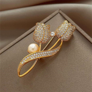 Ghim cài áo hình hoa tulip mạ vàng 18k đính đá thời trang
