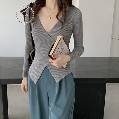 Áo len tay dài cổ chữ V dáng ôm gợi cảm cho nữ
