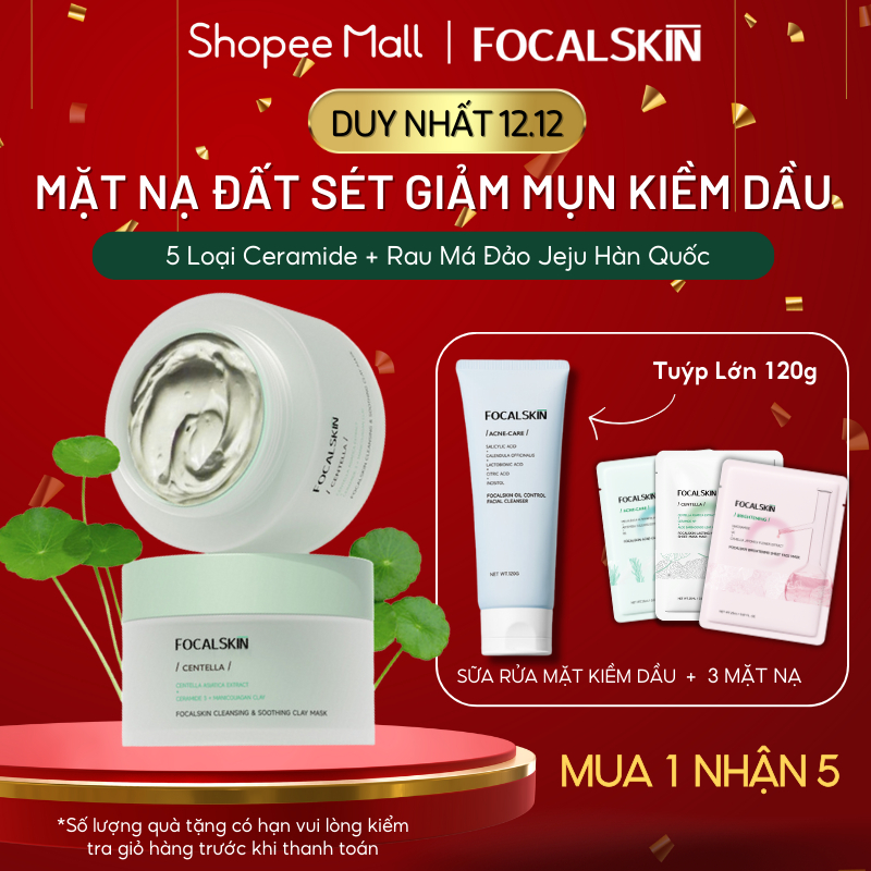 Focalskin mặt nạ đất sét rau má + 5x ceramide làm sạch da, hỗ trợ kiểm soát dầu 80g/7g.