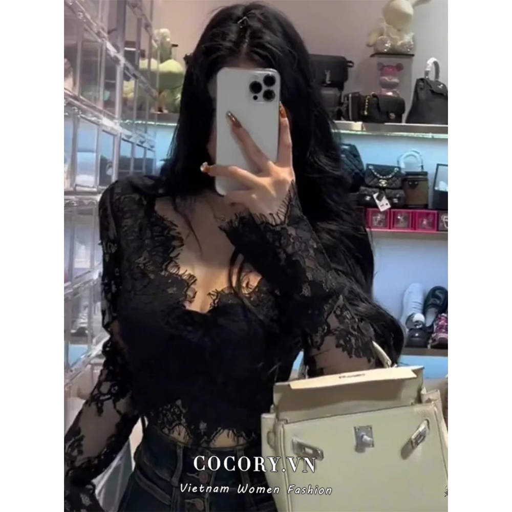 Cocory vn Áo croptop Tay Dài Cổ Chữ v Phối Ren Hoa Gợi Cảm y2k