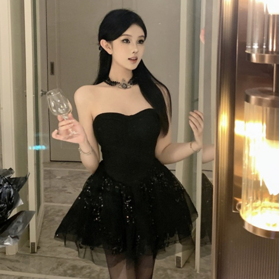 Đầm Dáng Chữ a Không Tay Cổ Hẹp Đính Kim Sa Lấp Lánh Phong Cách Pháp Thời Trang Dự Tiệc Quyến Rũ Cho Nữ