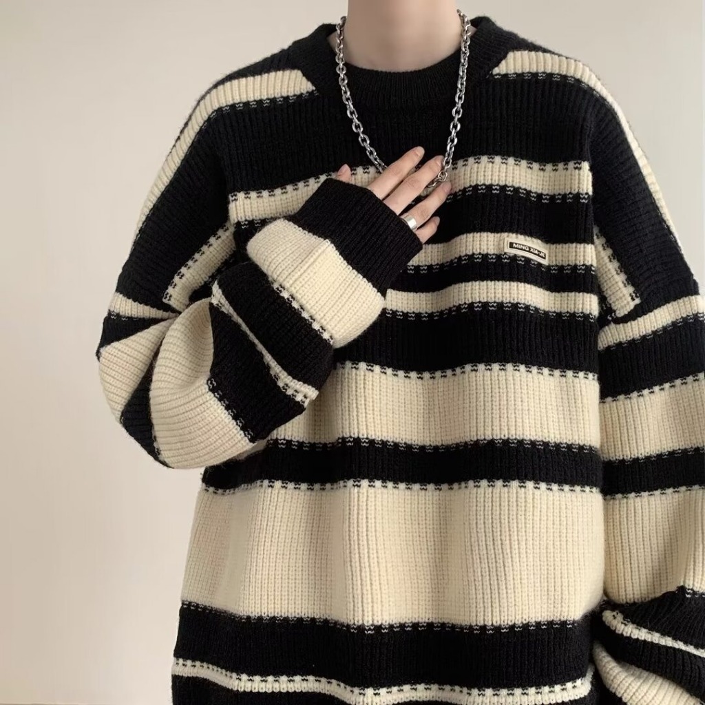 Đen Áo sweater Dệt Kim Cổ Tròn Dáng Rộng Thời Trang Thu Đông Cho Nam
