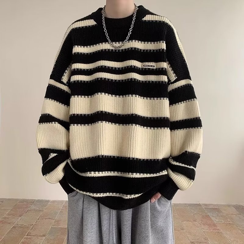 Đen Áo sweater Dệt Kim Cổ Tròn Dáng Rộng Thời Trang Thu Đông Cho Nam