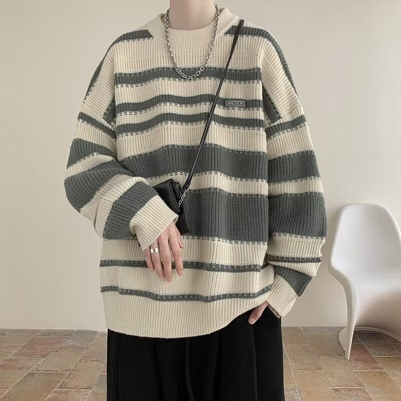 Đen Áo sweater Dệt Kim Cổ Tròn Dáng Rộng Thời Trang Thu Đông Cho Nam