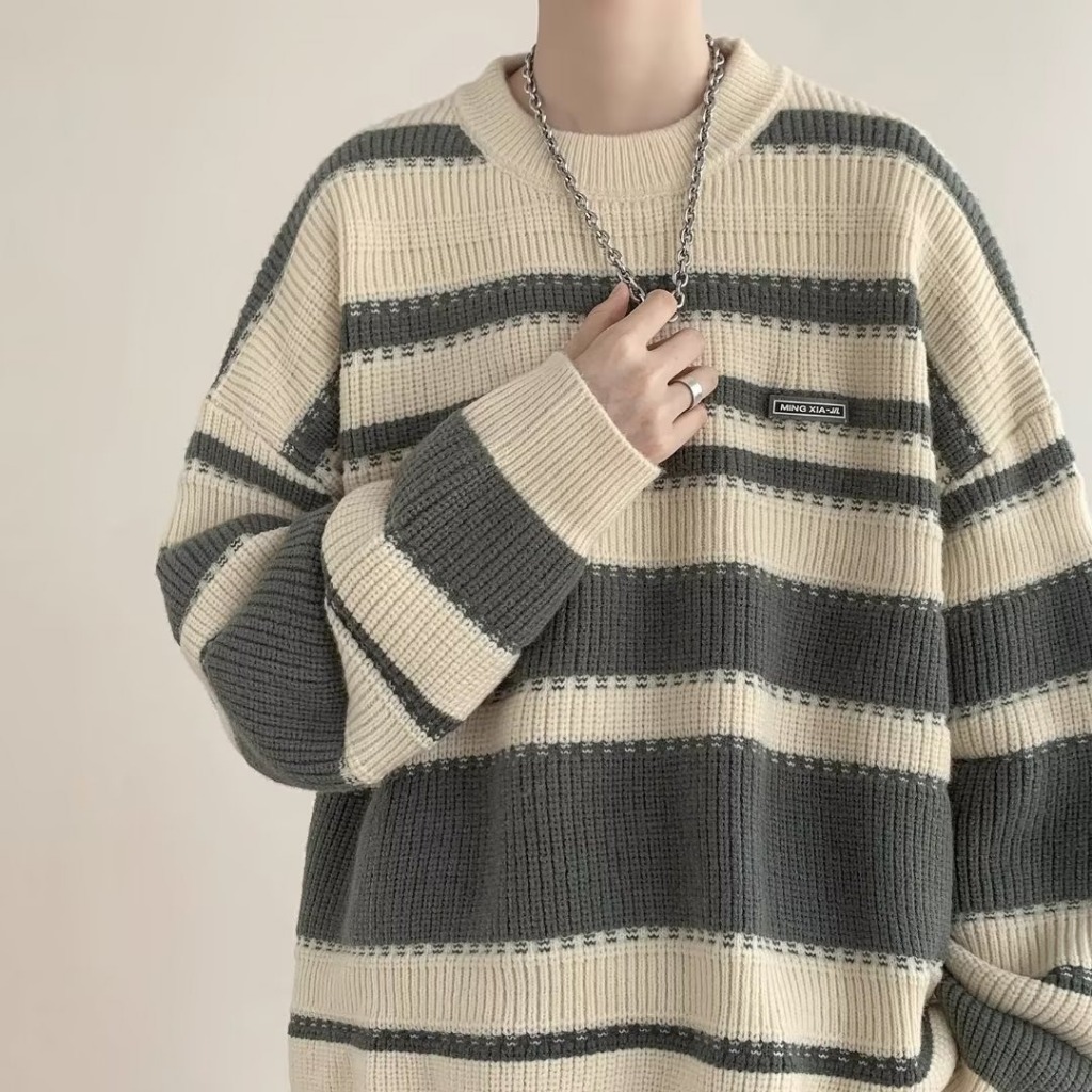 Đen Áo sweater Dệt Kim Cổ Tròn Dáng Rộng Thời Trang Thu Đông Cho Nam