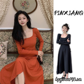 Đầm Midi Cổ Vuông Tay Dài Dáng Ôm Phong Cách Thời Trang Pháp Cổ Điển Dành Cho Nữ
