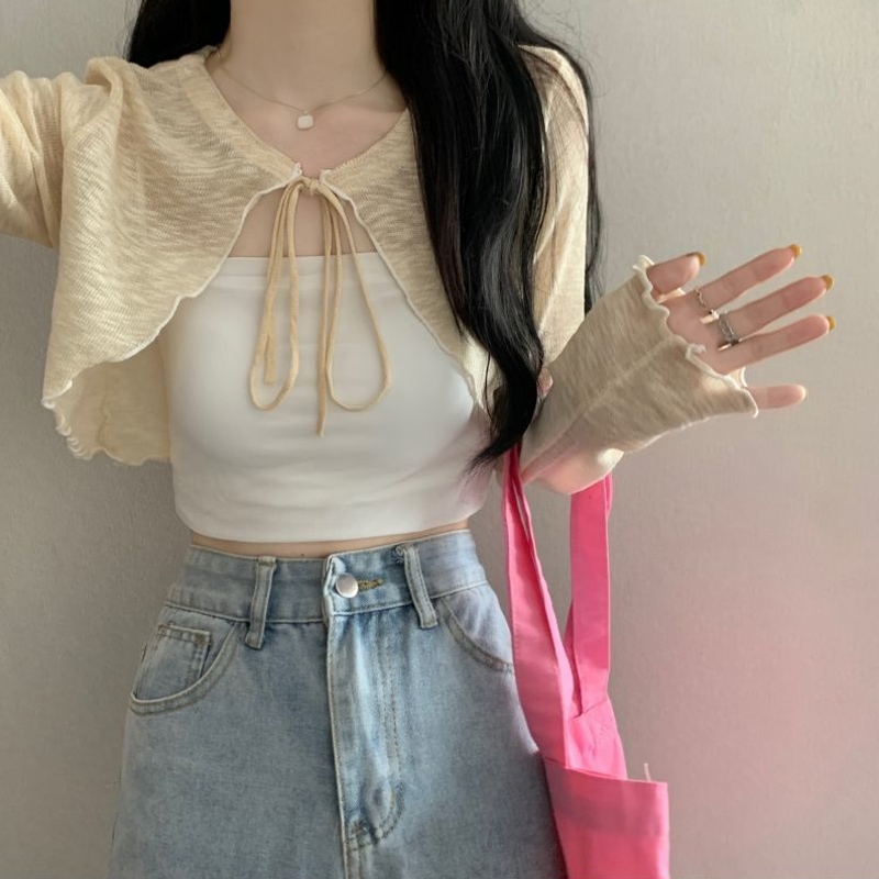 Áo Khoác cardigan Mỏng Tay Dài Màu Trơn Cột Dây Thời Trang Mùa Hè Cho Nữ