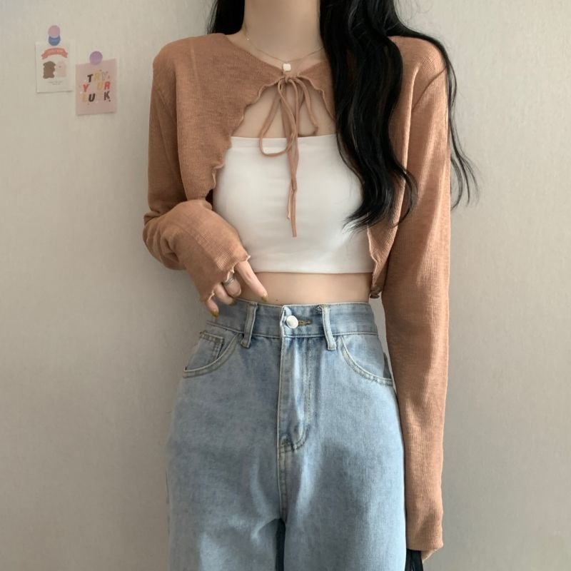 Áo Khoác cardigan Mỏng Tay Dài Màu Trơn Cột Dây Thời Trang Mùa Hè Cho Nữ