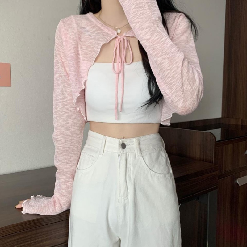 Áo Khoác cardigan Mỏng Tay Dài Màu Trơn Cột Dây Thời Trang Mùa Hè Cho Nữ
