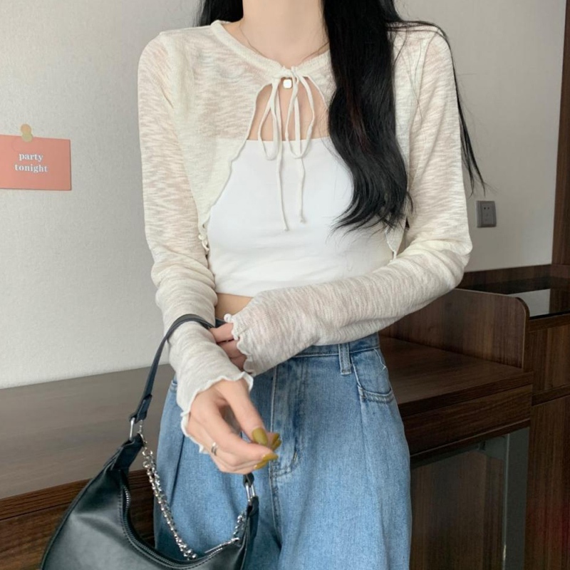 Áo Khoác cardigan Mỏng Tay Dài Màu Trơn Cột Dây Thời Trang Mùa Hè Cho Nữ