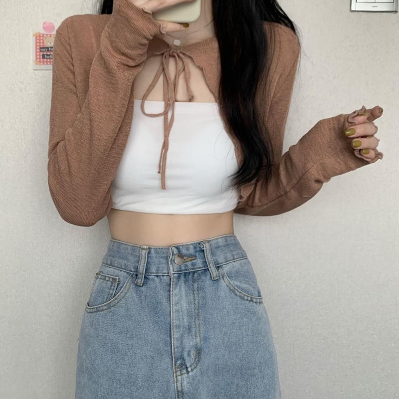 Áo Khoác cardigan Mỏng Tay Dài Màu Trơn Cột Dây Thời Trang Mùa Hè Cho Nữ