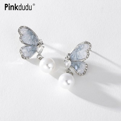 PINKDUDU Vintage thời trang bướm ngọc trai stud cá tính khí chất thanh lịch hợp kim tinh thể bông tai cho nữ trang quà tặng PD1624