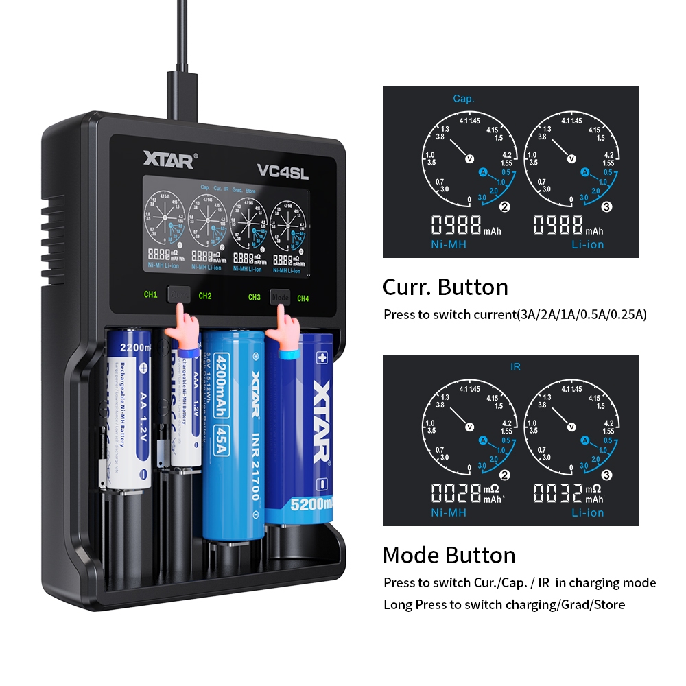 XTAR Củ Sạc Nhanh usb vc4sl qc3.0 Cho Pin li-ion18650 14500 21700 26650 1.2v ni-mh aa
