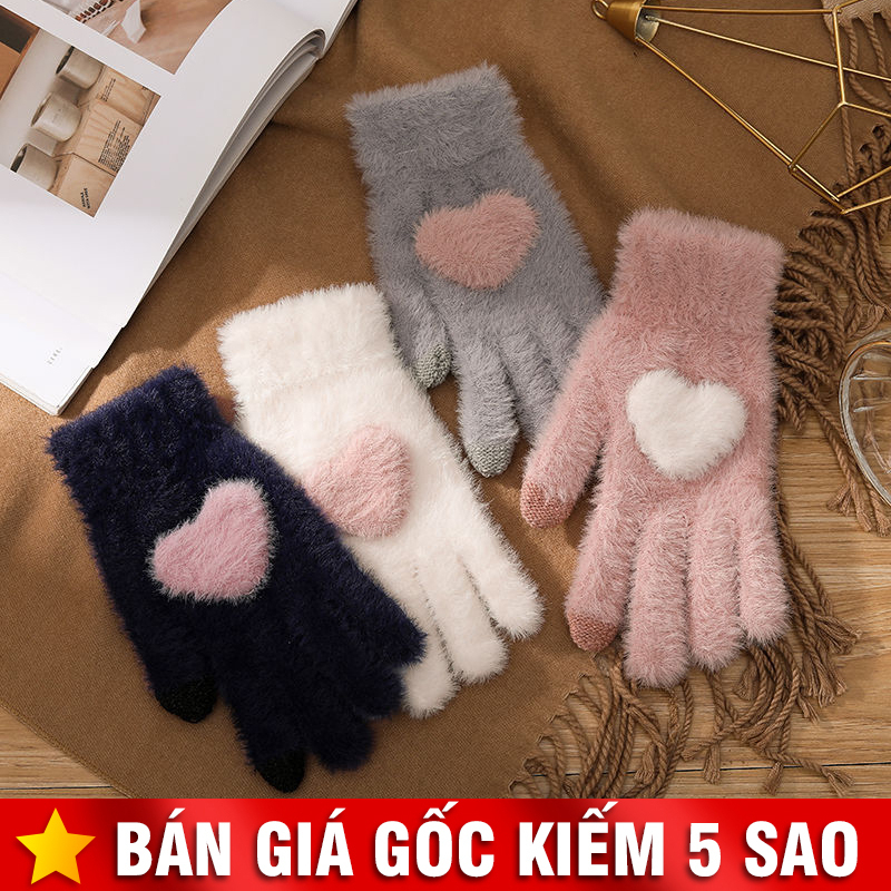 Găng Tay Lông Nữ Có Thể Cảm Ứng Điện Thoại Đính Trái Tim P2244