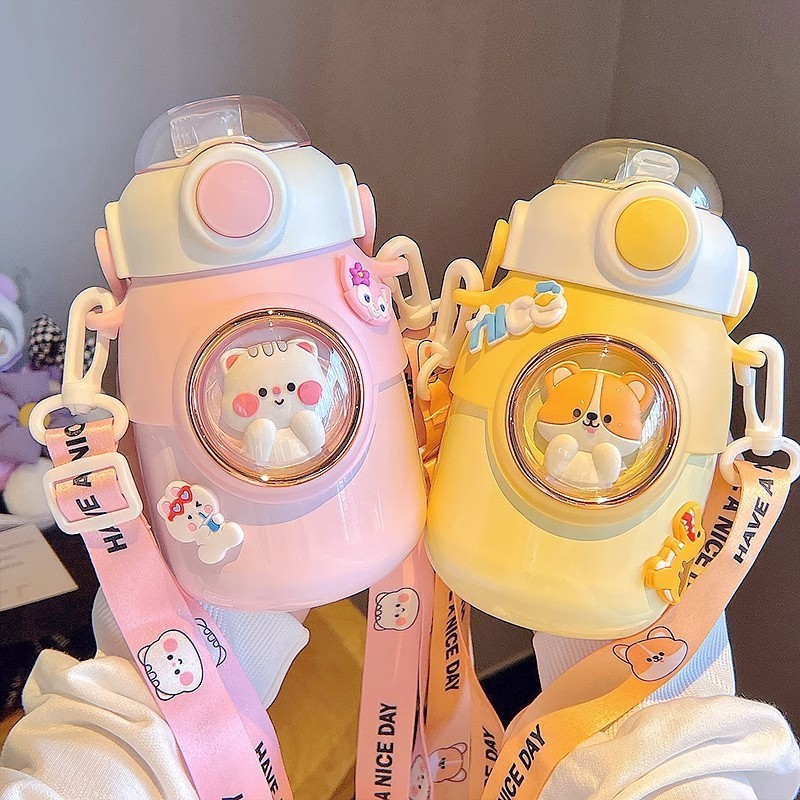 Bình nước giữ nhiệt 700ML INOX 316 họa tiết cute, bình giữ nhiệt cho bé có dây đeo tặng kèm sticker 2D, 3D, bộ rửa bình