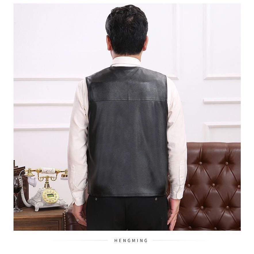 Áo Khoác Da Không Tay Dáng Rộng Dày Dặn Thời Trang Thu Đông Cho Nam Trung Niên