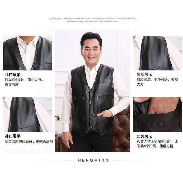 Áo Khoác Da Không Tay Dáng Rộng Dày Dặn Thời Trang Thu Đông Cho Nam Trung Niên