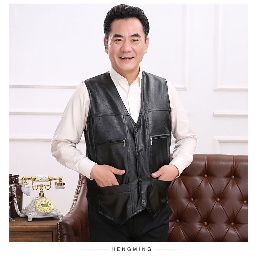 Áo Khoác Da Không Tay Dáng Rộng Dày Dặn Thời Trang Thu Đông Cho Nam Trung Niên