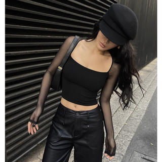 Thoáng Mát Cổ Vuông Gợi Cảm Lưới Khâu Ngắn Tay Dài Top Xuân Thu Slim-Fit Co Giãn Tight-Fit Châu Âu Mỹ Bên Trong Top Pure Desire Phong Cách Hot Girl Nữ Áo Thun Dài Tay Close @ -